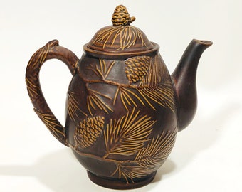 Beautiful Wood-sy Dark Brown Teapot - Pine Boughs, Pine Cones, Matte Finish