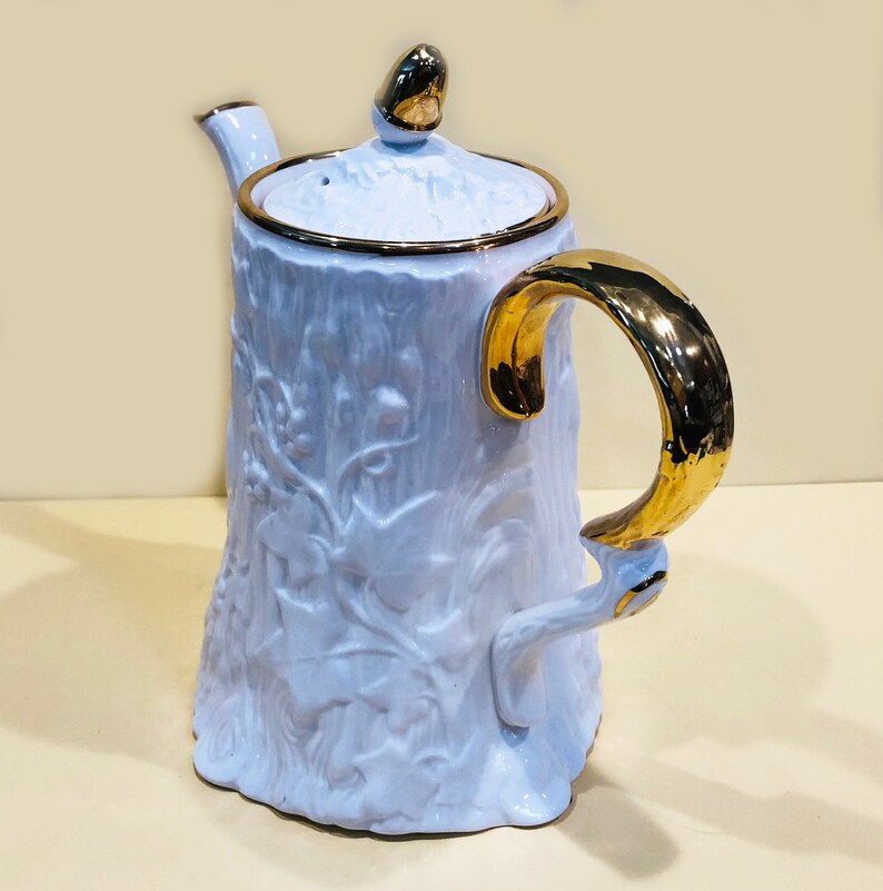 Vintage Coffee Pot, "Old English Oak", by Royal Stafford Fine Bone China, Fabulous Faux Bois Embossed Texture, White with Gold Trim image 3