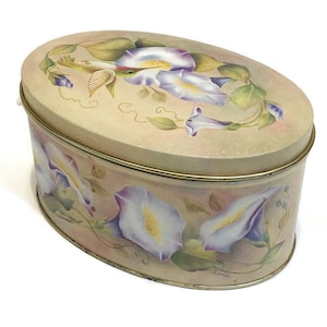 Vintage Oval Tin, Hummingbirds, Morning Glories, Tan Background