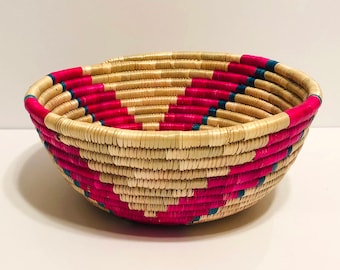 Round Vintage Woven Coil Basket, Natural Materials, Geographic Pattern, Bright Fuchsia Pink and Teal