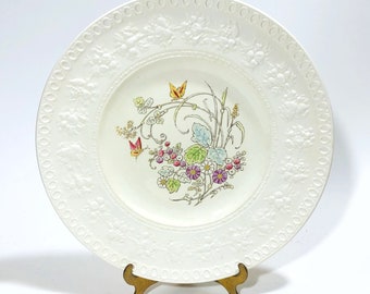 Vintage Wedgwood "Montreal - Wellesley" Dinner Plate, Gorgeous Embossed Pattern, Delicate Floral Center, Small Butterfly, Jewel Tones