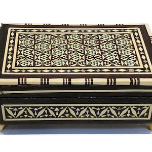 Vintage Wood, Brass and Mother of Pearl Mosaic Box, Pretty Design, Divided Interior and Music Box