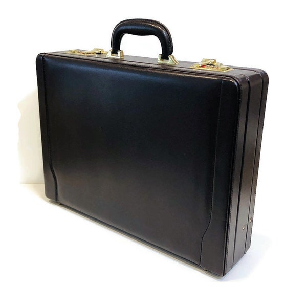 Vintage Hardshell Briefcase, Dark Burgundy Faux Leather Briefcase with Combination Locks, Gold-Toned Hardware