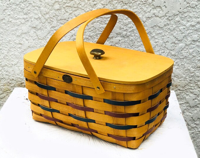 Vintage Large Wood Slat Picnic Basket, Peterboro Basket Company, Patriotic Version, Blue/red
