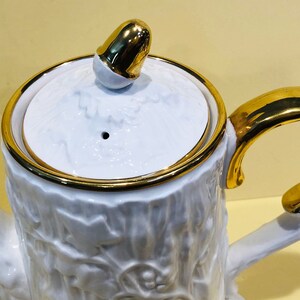 Vintage Coffee Pot, "Old English Oak", by Royal Stafford Fine Bone China, Fabulous Faux Bois Embossed Texture, White with Gold Trim image 5