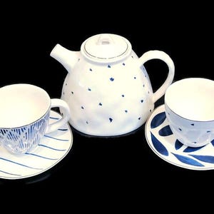 YOUR CHOICE: Vintage White and Cobalt Blue, 2 Teacups/Saucers by Lenox, "Blue Bay" Pattern, Fine Bone China, Made in USA (Teapot is Sold)