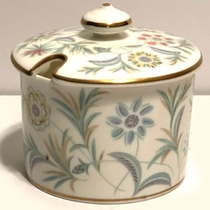 Vintage Minton &quot;Vanessa&quot; Lidded Jam/Jelly Jar - Delicate Flowers/Leaves, Gold Trim, Mid Century, circa 1958-1977