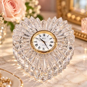 May include: A heart-shaped clear crystal clock featuring a gold-tone bezel and a white face with black Roman numerals. The clock face displays the text Mikasa and Quartz. The crystal body has a faceted, sunburst-like radial pattern.