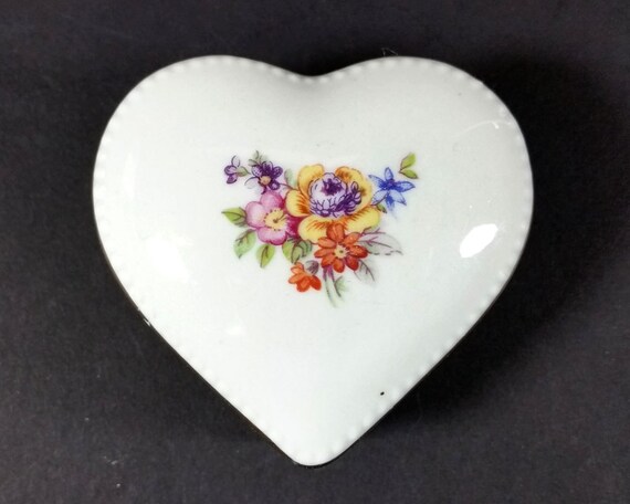 Vintage PORCELAIN TRINKET BOX by Prestige ~ White Ceramic Heart Shaped Container w/ Butterfly & Flowers ~ Valentine's Gift Vanity Décor