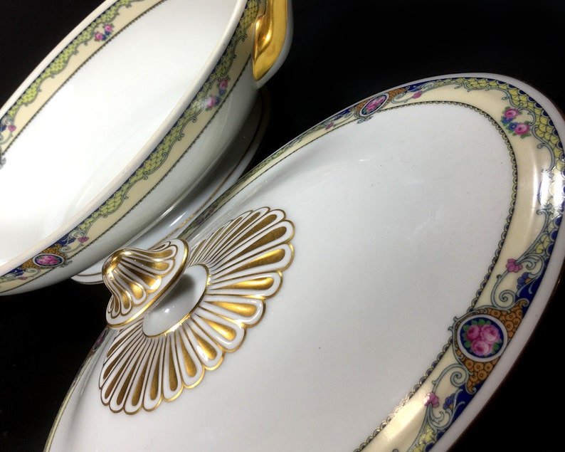 Elegant White and Gold with Pale Yellow Border with Colorful Flowers Antique Covered Casserole The Admiral Pattern by Thomas Bavaria