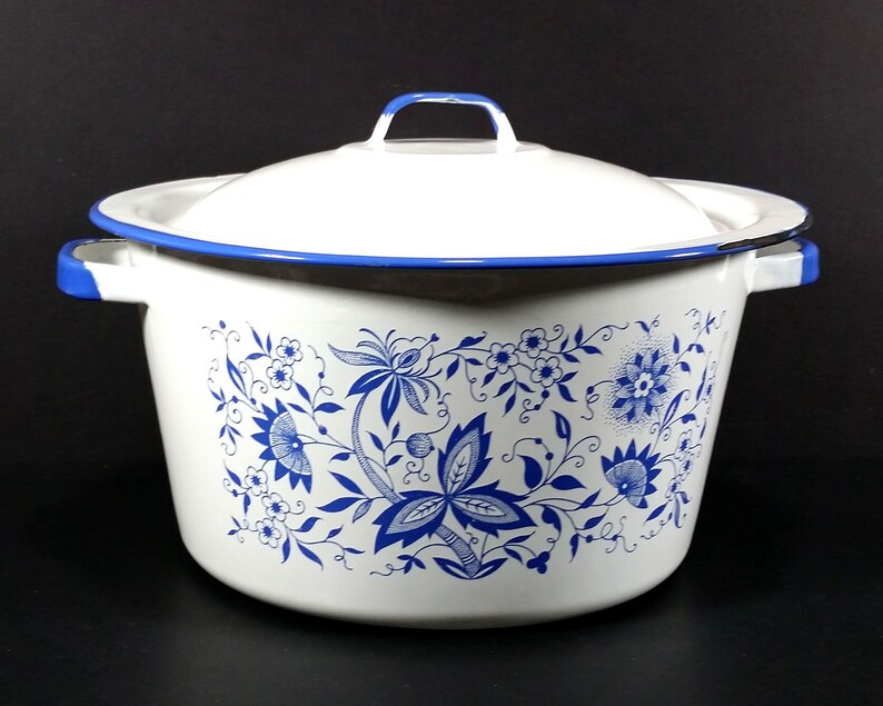 Vintage BlueTrimmed White Enameled Large Pot with Blue Floral Etsy