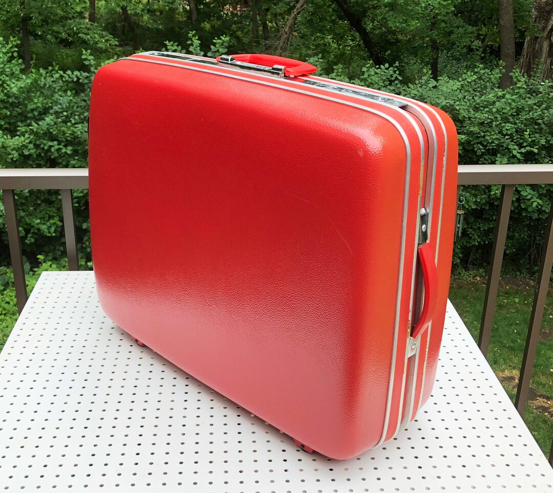 Vintage Large Bright Orange Hardshell Suitcase, Beige Quilted Interior