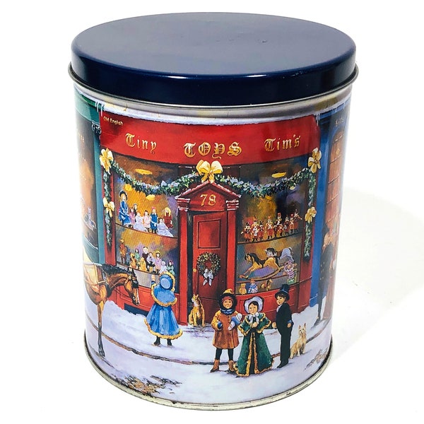 Vintage Large Storage Tin, Illustrated London Street Scenes, Tiny Tim's Toys, Christmas Theme, circa 1993