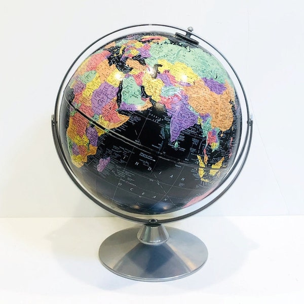 Vintage Black Globe - Replogle 12 Inch "Starlight Globe", Black Oceans, Silver Metal Double Axis Hardware and Round Metal Base