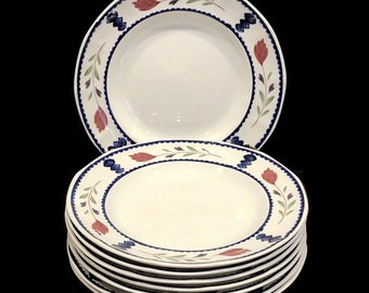 Vintage Adams "Lancaster" Ironstone, Salad Plate, Red Flower, Green Leaves, Navy Blue Lines (7 Available)