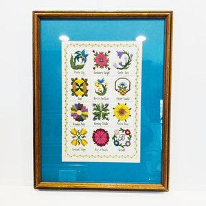 May include: Framed needlepoint sampler featuring twelve floral designs, each labeled with a botanical name. The sampler is set against a teal background within a wooden frame. The designs include flowers, a bird, and a basket.