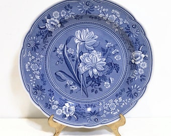 Vintage Spode 10.5" Dinner Plate, Archive Collection, "Botanical", Scalloped Rim, Blue and White China