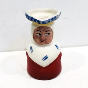 Tiny Nun Bust / Pitcher / Toothpick Holder, Red Dress, White Head Dress, Blue Accents, by Royal Crown, Made in Germany