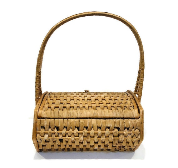 Unique Vintage Wicker and Wood Wide Base Purse, W… - image 5