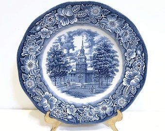 Vintage "Liberty Blue" Dinner Plate, by Staffordshire, Ironstone, "Independence Hall", Blue and White China, Made in England