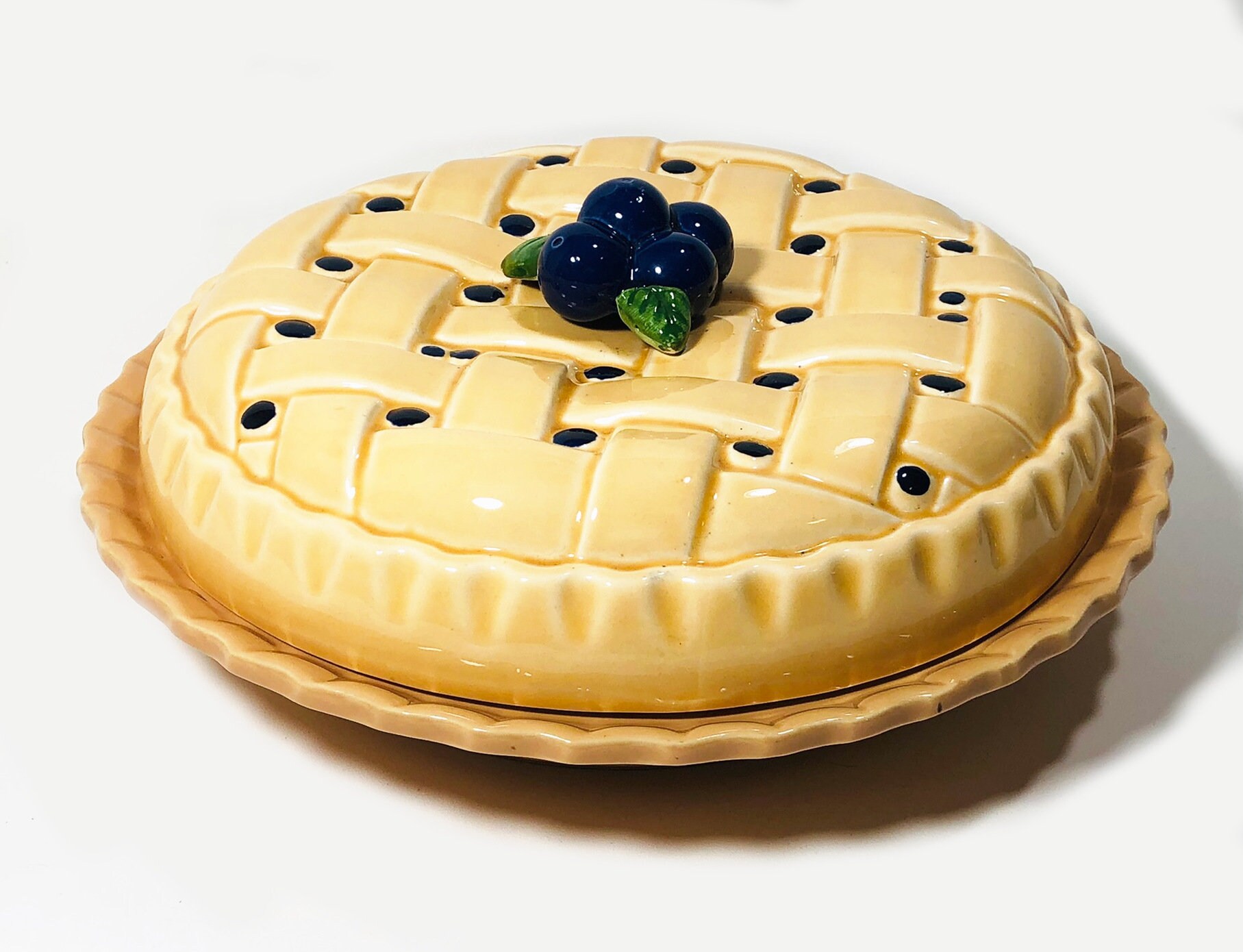 Vintage Ceramic Pie Keeper With Lid, Blueberry Pie, Lattice