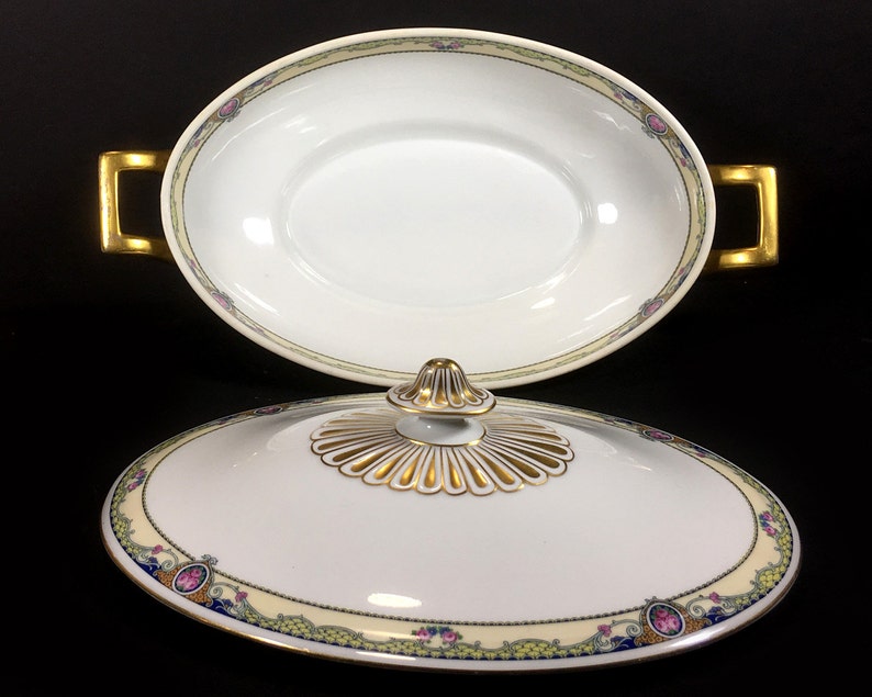 Elegant White and Gold with Pale Yellow Border with Colorful Flowers Antique Covered Casserole The Admiral Pattern by Thomas Bavaria