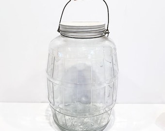 Vintage XL Duraglas Barrel Glass Jar, Wire and Wood Handle, Textured Sides, Metal Lid