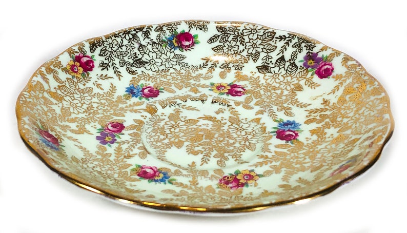 Vintage Colclough Saucer Yellow Flowers Pink Roses Dense Gold Chintz Leaves and Colorful Flowers