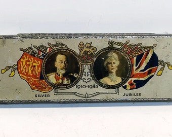 Antique Cadbury Silver Jubilee Tin, 1910 to 1935, Small, Thin Profile, Includes Original Card with Handwriting on Back
