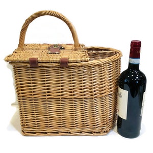 Vintage Wicker Picnic Basket, Summer-y Cotton Lining, 2 Wine Bottle Holders