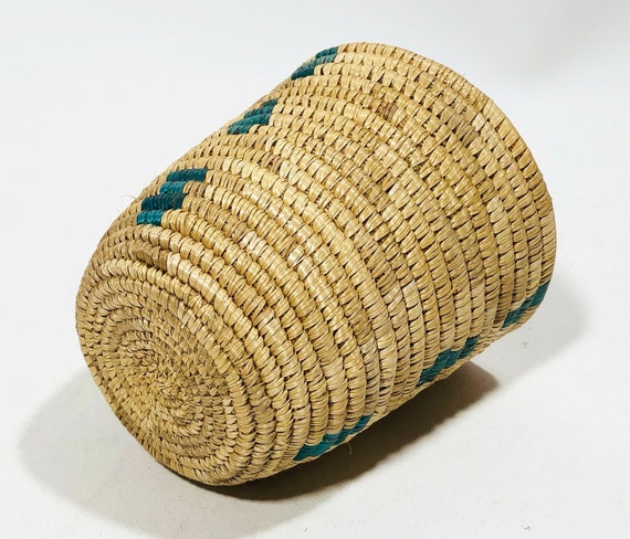 Round Vintage Woven Coil Basket, Natural Materials, Sage Green