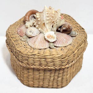 May include: A woven wicker basket with a lid decorated with seashells. The lid is adorned with a variety of seashells, including a large conch shell, smaller scallop shells, and a few smaller, more rounded shells.
