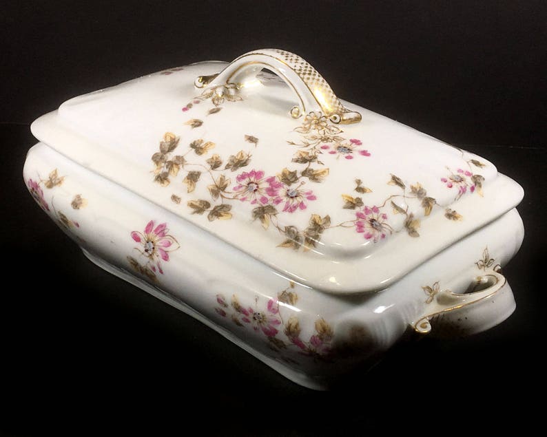 Delicate Pink Flowers by CFHGDM Antique Limoges Rectangular Lidded Serving Dish Fancy Gold Handles