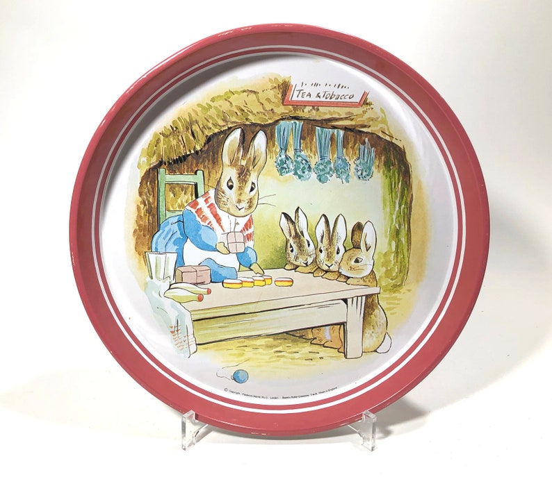 Dark Pink Border Vintage Beatrix Potter Metal Tray Round Tray Made in England Mother Rabbit and Three Baby Bunnies