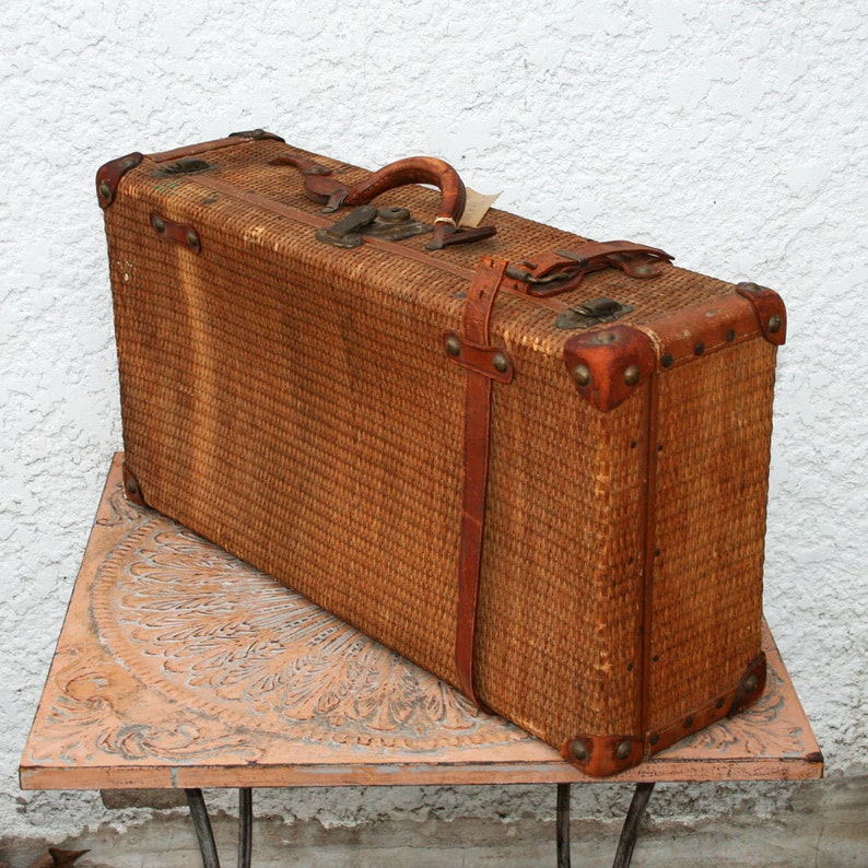 RESERVE/SARAH Antique Wicker Suitcase Leather Accents Etsy