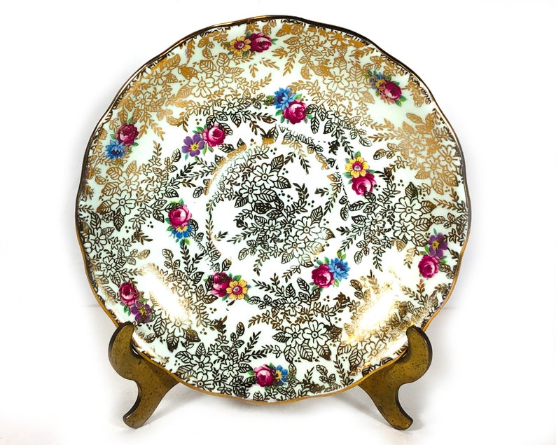 Vintage Colclough Saucer Yellow Flowers Pink Roses Dense Gold Chintz Leaves and Colorful Flowers