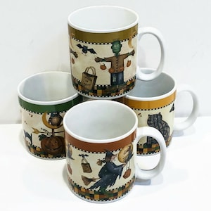 YOUR CHOICE: Vintage Halloween Mug by Sakura, "Plaid Cat", "Frankenstein", Fall Colors, circa 1998 by Debbie Mumm