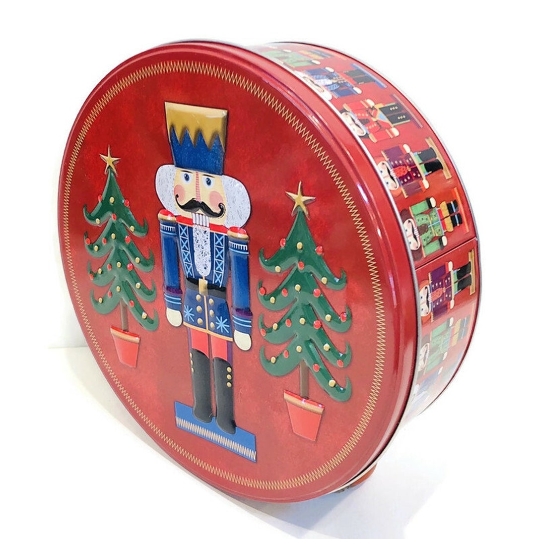 Large Round Red Nutcracker Christmas Tin Nutcrackers Border Etsy