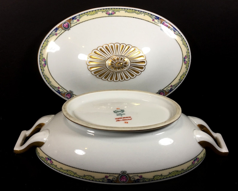 Elegant White and Gold with Pale Yellow Border with Colorful Flowers Antique Covered Casserole The Admiral Pattern by Thomas Bavaria