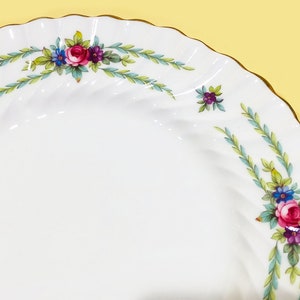 Antique Minton &quot;Chiltern&quot; Salad Plate, Fluted Swirl Rim, Gold Trim, Colorful Flowers, Rows of Green Leaves