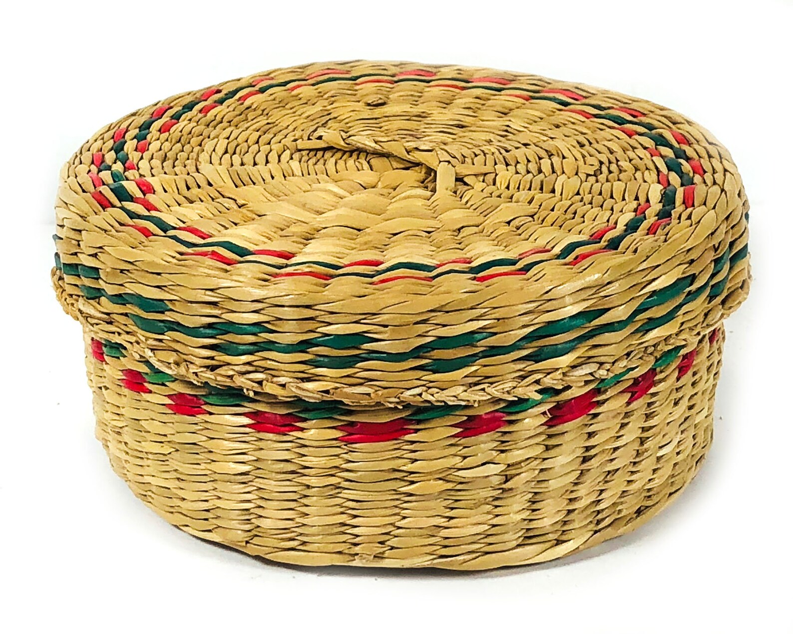 Small Vintage Round Woven Grass Basket With Lid Natural Etsy