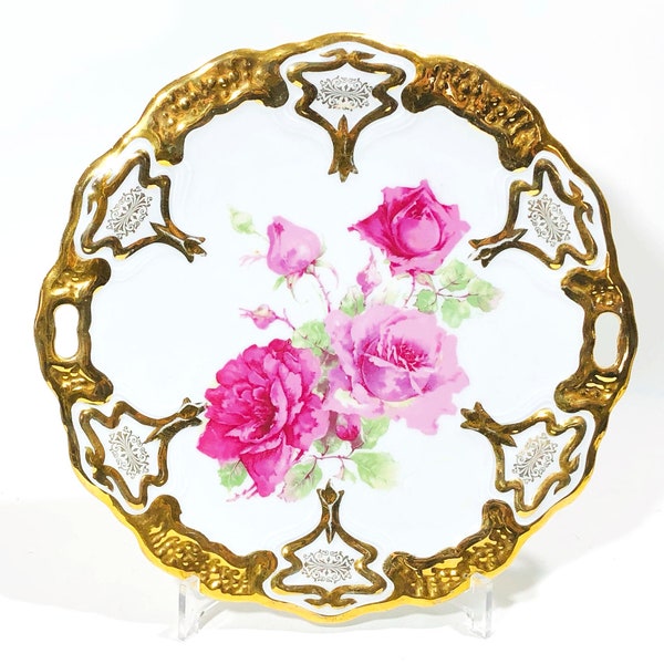 Antique German Cake Plate, CT Germany, Pierced Handles - Hand-Painted, Burnished Gold Rims, Pink Roses, Carl Tielsch