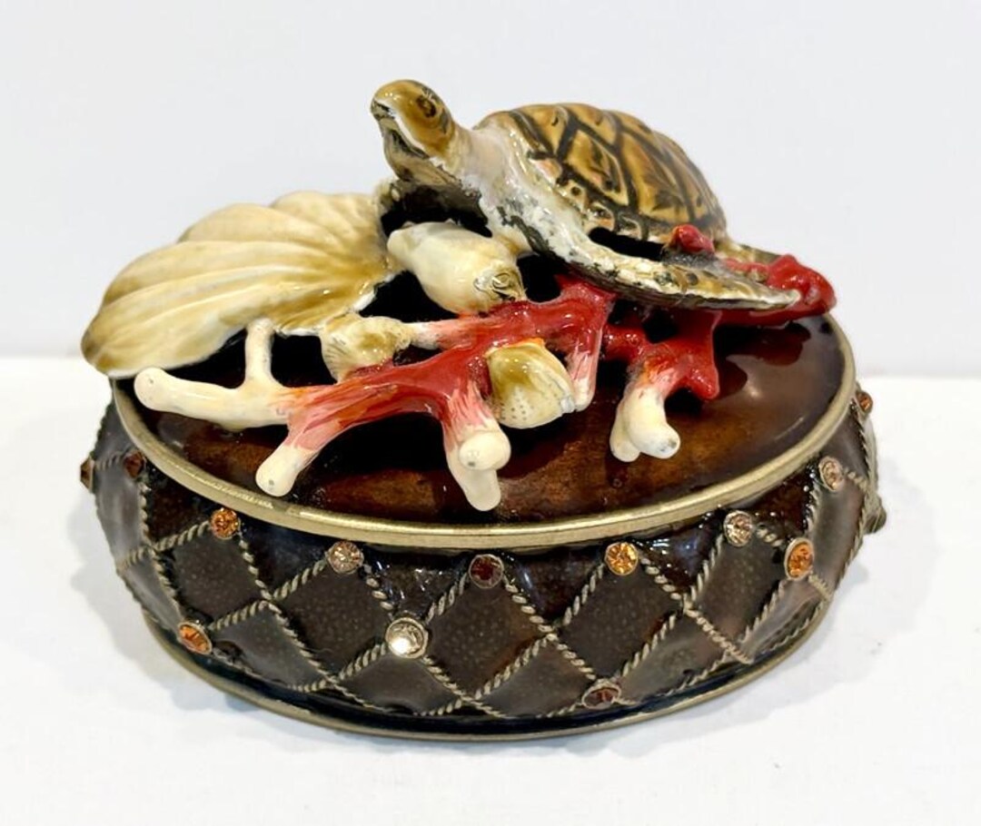 Box Turtle Shell Decorations Bejeweled Sea Turtle Metal Trinket Box, Enameled Exterior, Dark Brown ...
