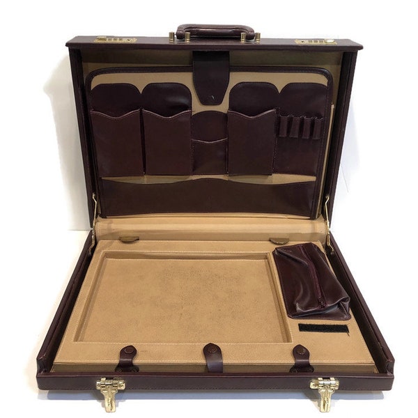Vintage Briefcase, Dark Oxblood Briefcase with Combination Locks, Gold-Toned Hardware, Tan Lining, Removable Section