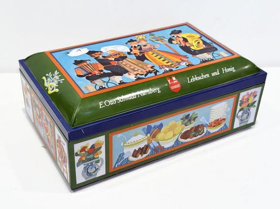 ヴィンテージ‼️クッキーポット３段ボックス　プレートSet Vintage German Christmas Cookie Tin, Folk Design, German Cookie
