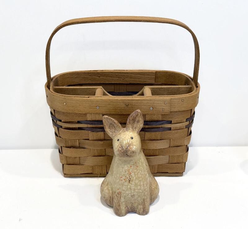 Handmade Wood Slat Basket, Divided Sections, Organizer, Solid Wood Base and Dividing Sections, Dark Brown Stripes. Bent Wood Curved Handle