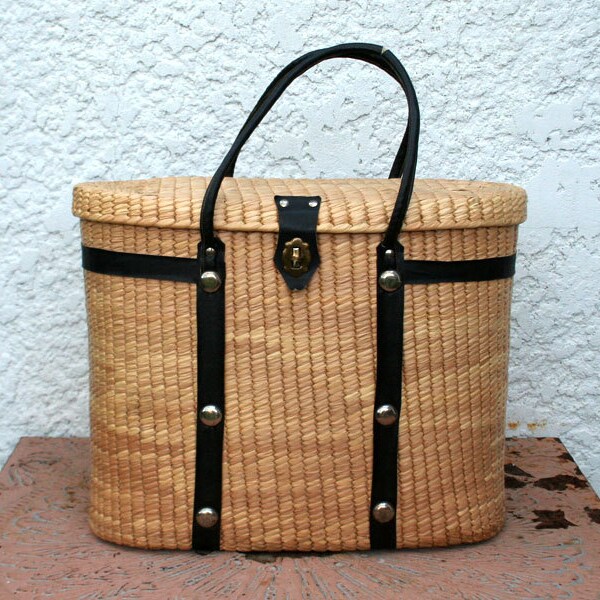 RESERVED - Large Vintage Woven Basket or Purse - Black Straps, Handles