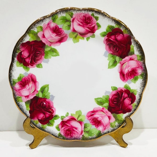 Vintage "Old English Rose" Bread and Butter Plate by Royal Albert, White with Huge Pink and Burgundy Roses, Gold Trim (2 Available)