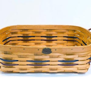 Large Shallow Wood Slat Storage Basket - "150th Anniversary" Edition, Two Leather Handles, Maroon and Navy Stripe Accents