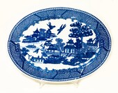 Vintage 14 quot Oval Ironware Platter, Blue White, quot Blue Willow quot Style Pattern, by Victoria Ironstone